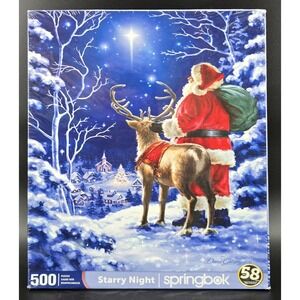 NEW Jigsaw Puzzle Springbok Starry Night 500 Piece Santa Reindeer Christmas Gift